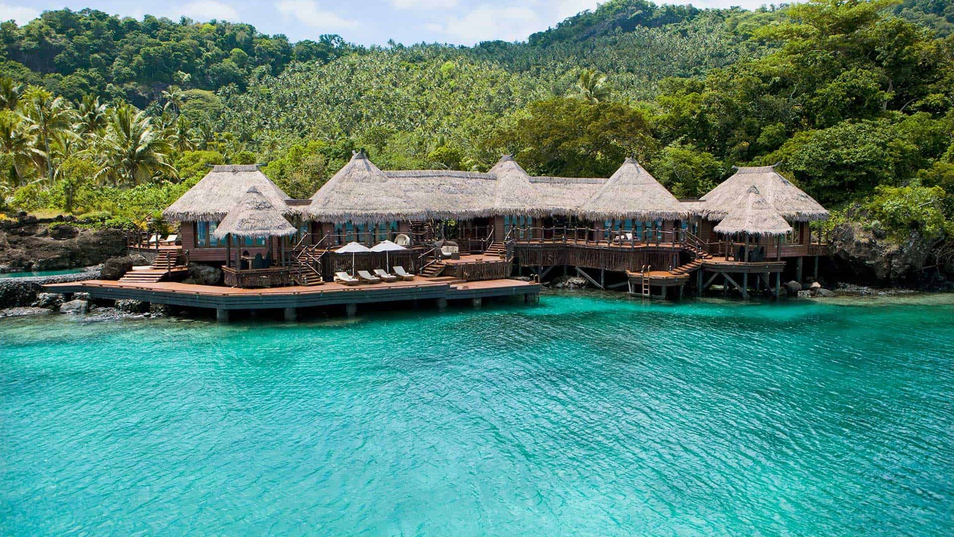 Laucala Island CLI---Overwater-Villa---Aerial-Exterior-and-Pool-view