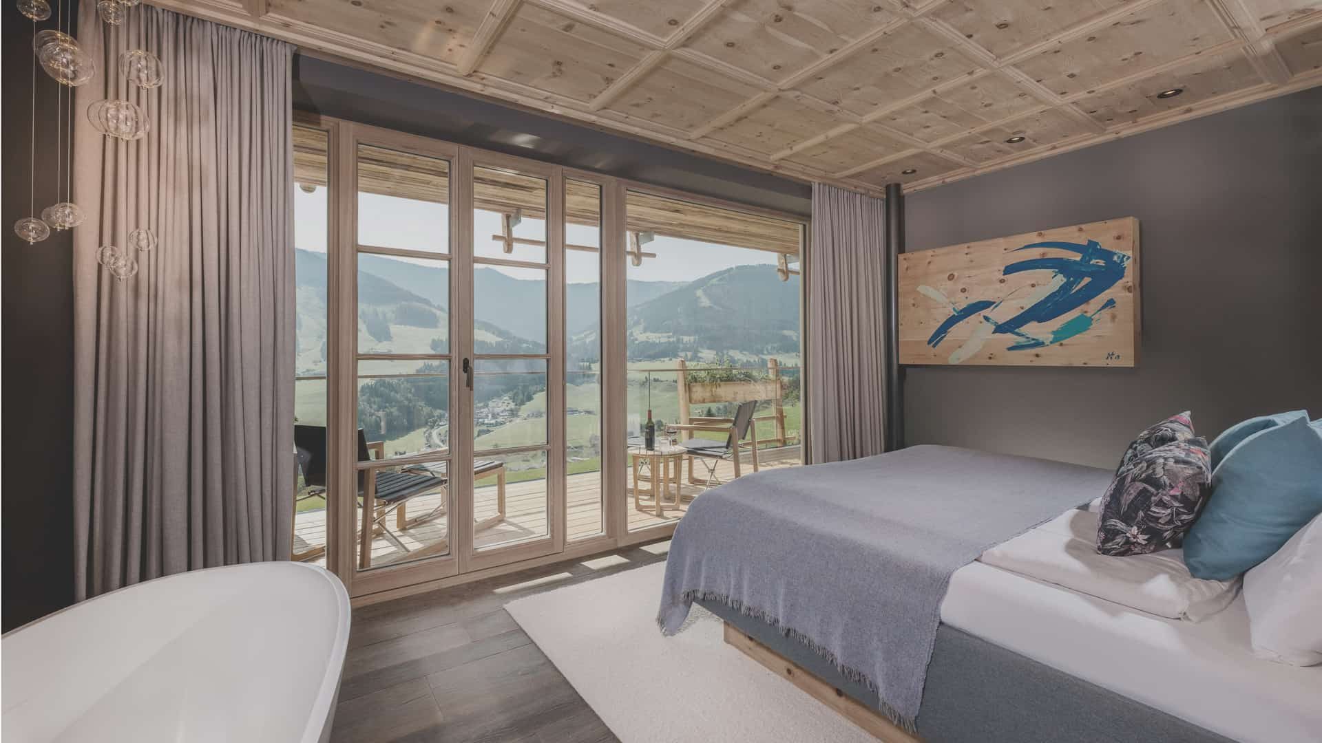 Senhoog Leogang Schlafzimmer mit Wanne